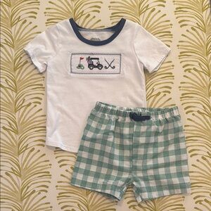Mudpie White and Green Checkered Toddler Outfit